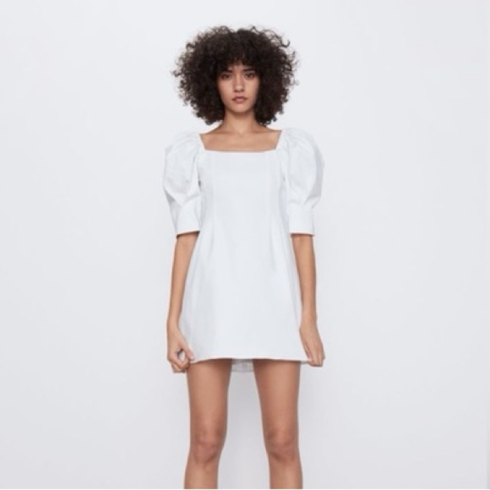 Zara White Mini Dress with Puff Sleeves